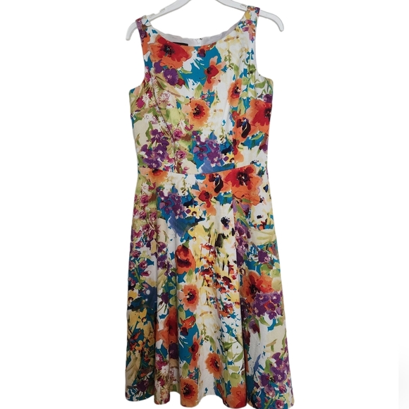 BLACK Label Evan Picone Cotton Multicolored Floral Sleeveless Lined Dress SZ 4 - Picture 1 of 8
